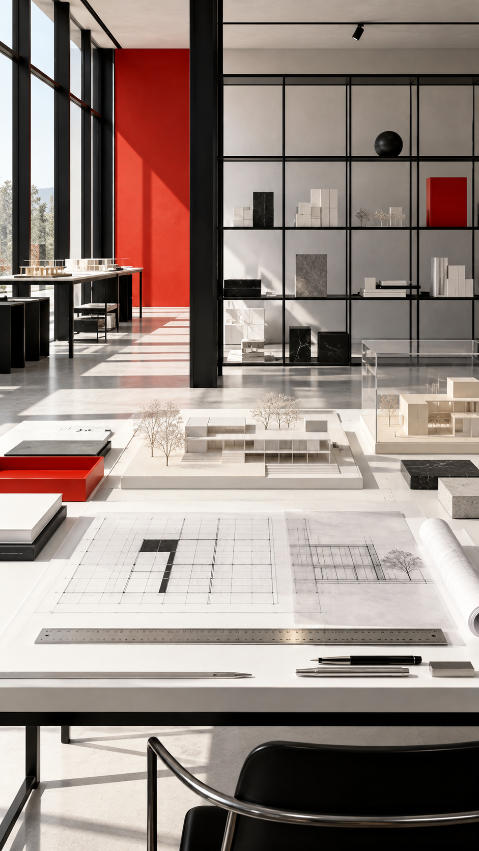 Precise architecture studio arranged on a disciplined grid