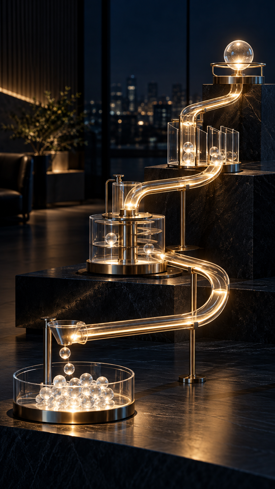 Illuminated glass pathways connecting stages in a business system